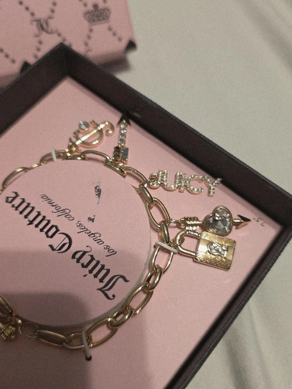 Juicy Couture Gold Charm Link Bracelet with Logo and Heart Charms